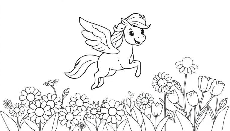 Eine Schwarz-Weiß-Farbtafel eines niedlichen Pegasus, der über eine bunte Blumenwiese fliegt.