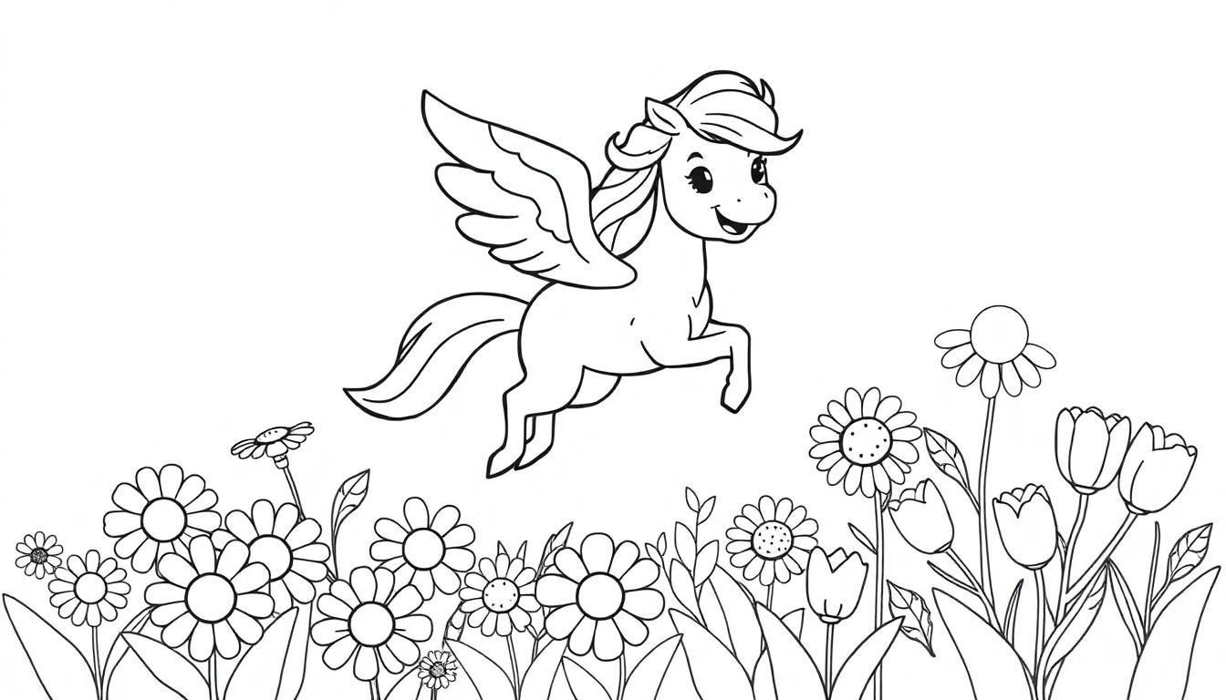 Eine Schwarz-Weiß-Farbtafel eines niedlichen Pegasus, der über eine bunte Blumenwiese fliegt.