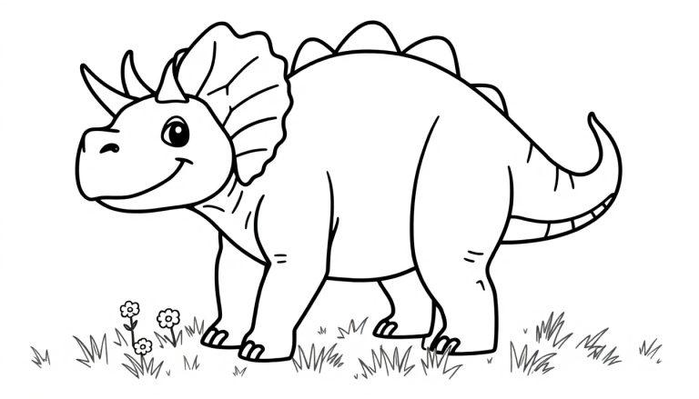 Farbtafel eines freundlichen, cartoonartigen Triceratops im Gras mit kleinen Blumen.