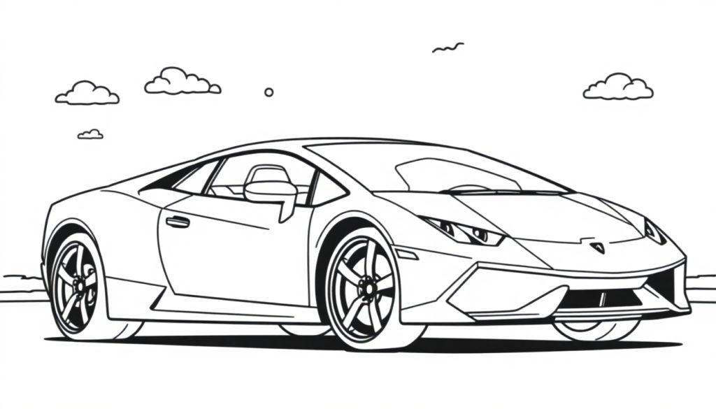 Farbtafel: Ein sportlicher Lamborghini in Schwarz-Weiß-Zeichnung mit Wolken und einem kleinen Vogel im Hintergrund.