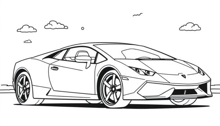 Farbtafel: Ein sportlicher Lamborghini in Schwarz-Weiß-Zeichnung mit Wolken und einem kleinen Vogel im Hintergrund.