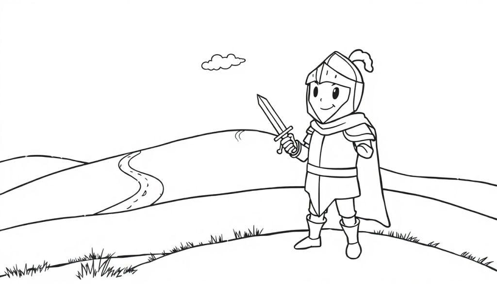 Schwarz-Weiß-Zeichnung einer cartoonartigen Farbtafel-Landschaft mit einem lächelnden Ritter im Vordergrund.