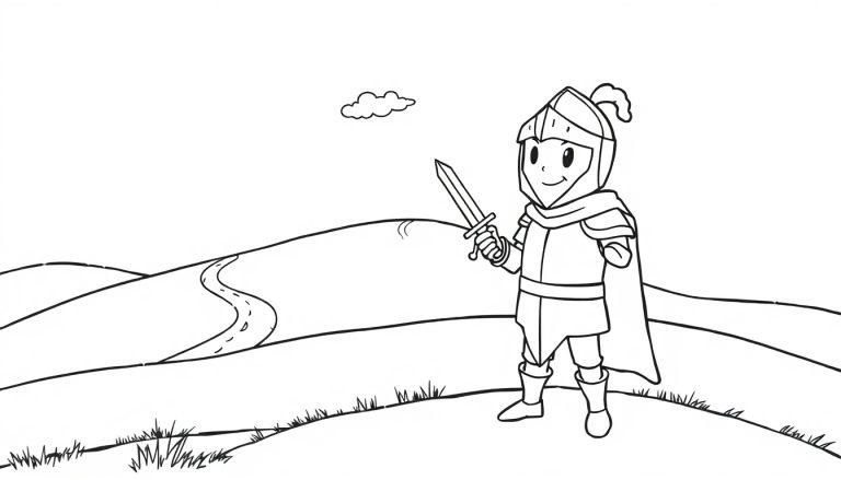 Schwarz-Weiß-Zeichnung einer cartoonartigen Farbtafel-Landschaft mit einem lächelnden Ritter im Vordergrund.