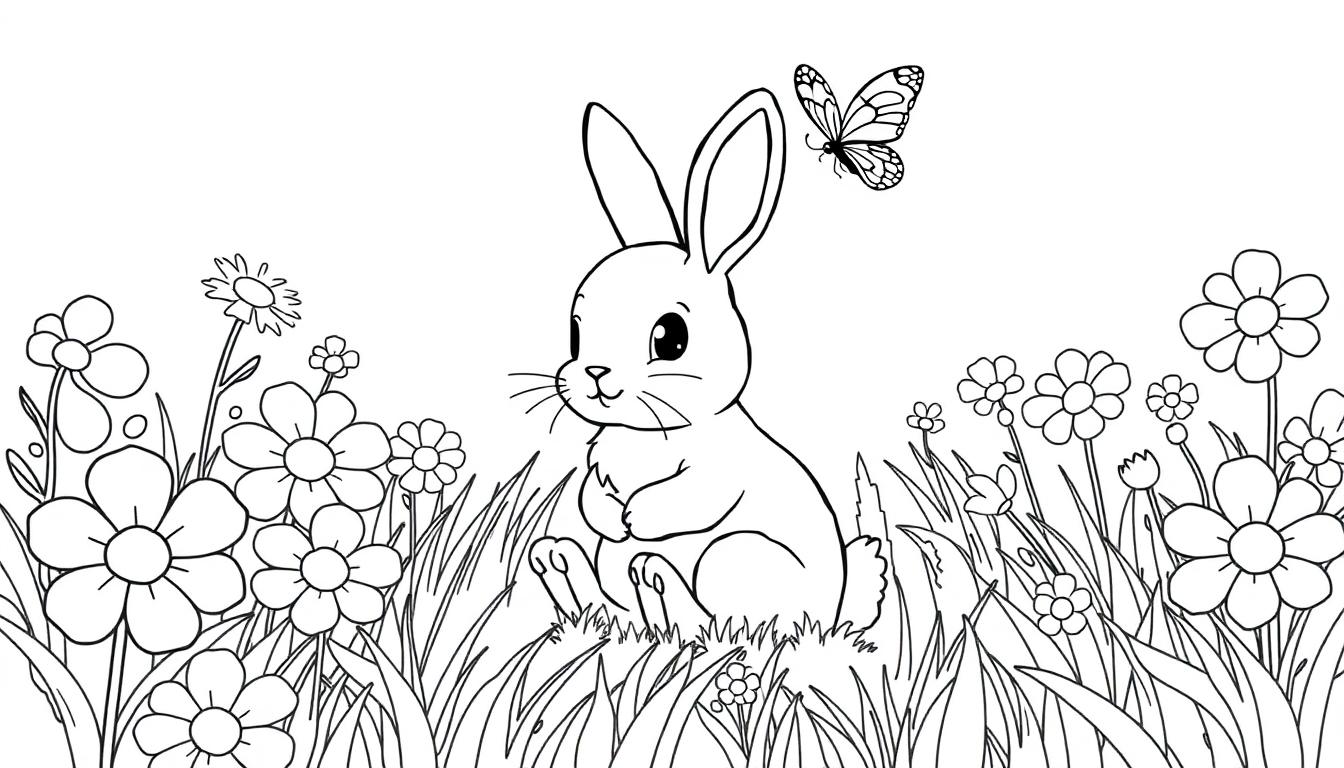 Ein niedlicher Hase sitzt in einer Blumenwiese mit einem Schmetterling.