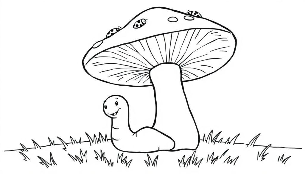Eine Schwarz-Weiß-Farbtafel, die eine niedliche Raupe unter einem großen Pilz zeigt.