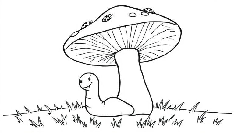 Eine Schwarz-Weiß-Farbtafel, die eine niedliche Raupe unter einem großen Pilz zeigt.