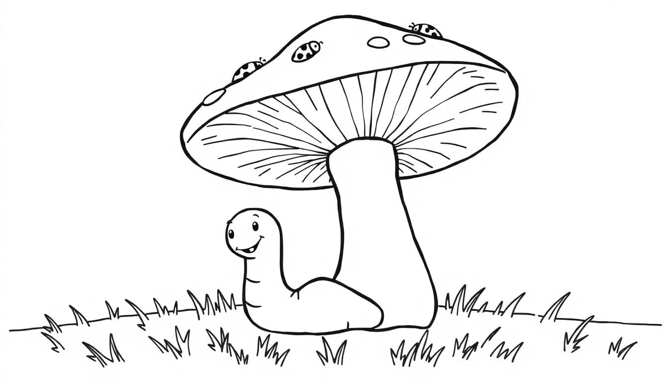 Eine Schwarz-Weiß-Farbtafel, die eine niedliche Raupe unter einem großen Pilz zeigt.