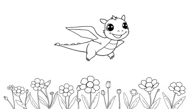 Eine niedliche kleine Drachen-Farbtafel fliegt über bunte Blumen.