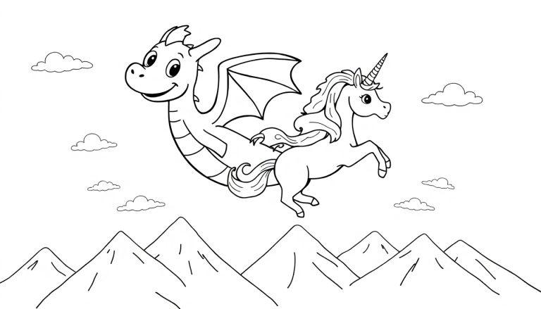 Eine schwarz-weiße Farbtafel mit einem freundlichen Drachen, der ein Einhorn trägt, fliegt über Berge und Wolken.