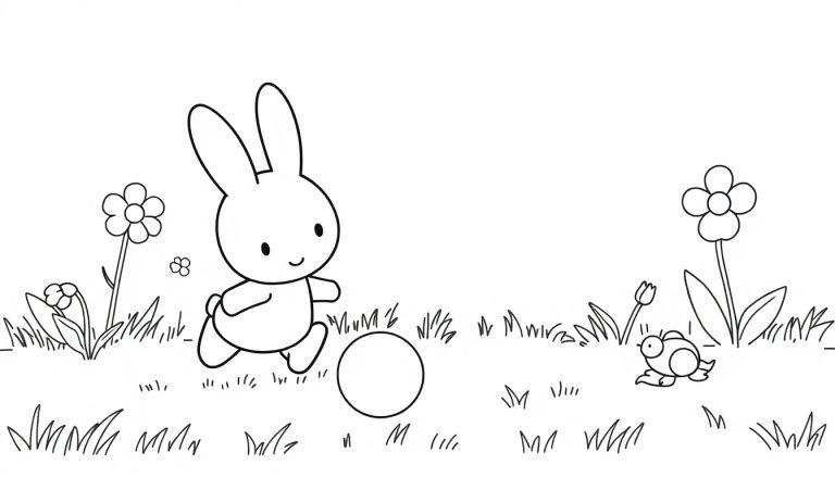 Schwarz-weiß Farbtafel: Miffy das Häschen spielt mit einem Ball im Gras neben kleinen Blumen.