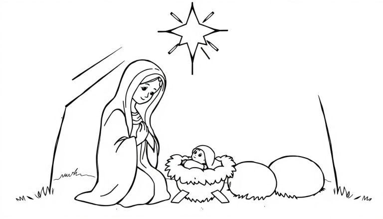Farbtafel: Eine niedliche Schwarz-Weiß-Zeichnung einer Weihnachtskrippe mit Maria, Josef und dem Jesuskind, umgeben von einem Stern und einem Stall, ideal zum Ausmalen.