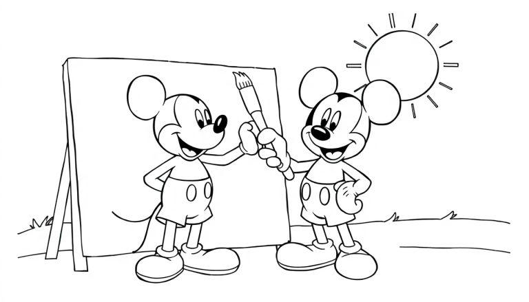 Schwarz-Weiß-Farbtafel von Micky Maus und seinem Freund, die zusammen malen, mit einer Sonne im Hintergrund.