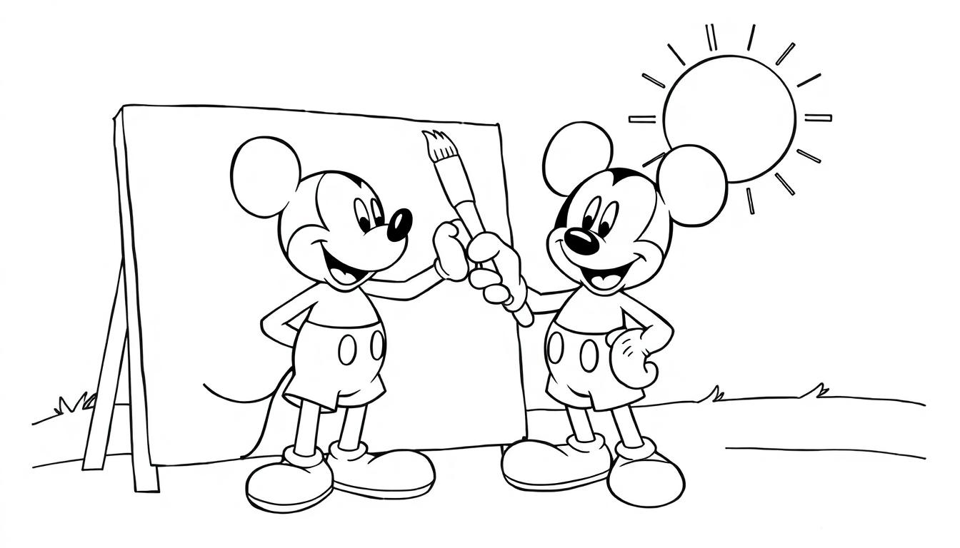 Schwarz-Weiß-Farbtafel von Micky Maus und seinem Freund, die zusammen malen, mit einer Sonne im Hintergrund.