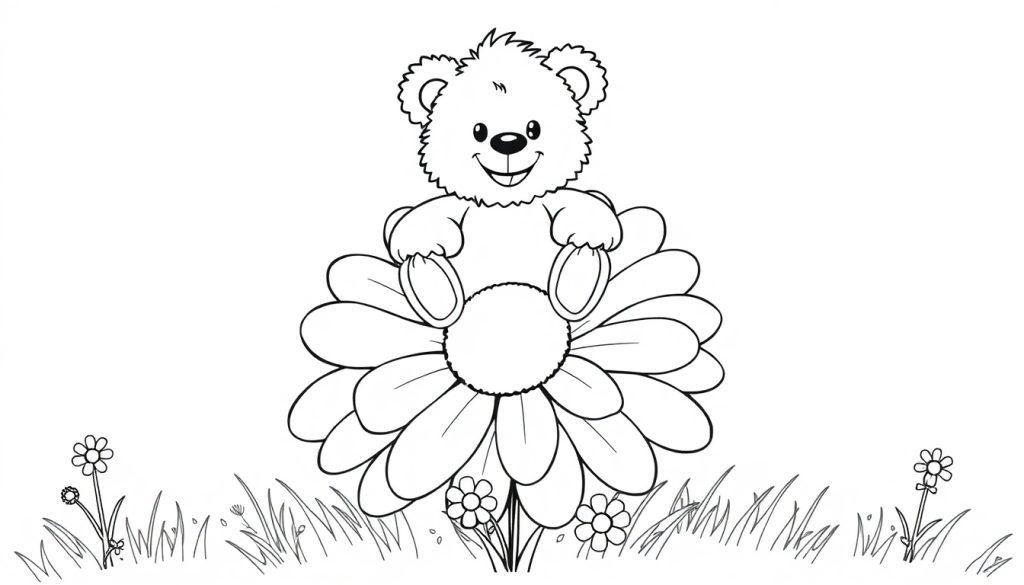 Schwarz-weiß Farbtafel eines lächelnden Teddybären auf einem Gänseblümchen.