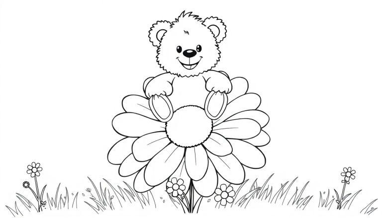 Schwarz-weiß Farbtafel eines lächelnden Teddybären auf einem Gänseblümchen.