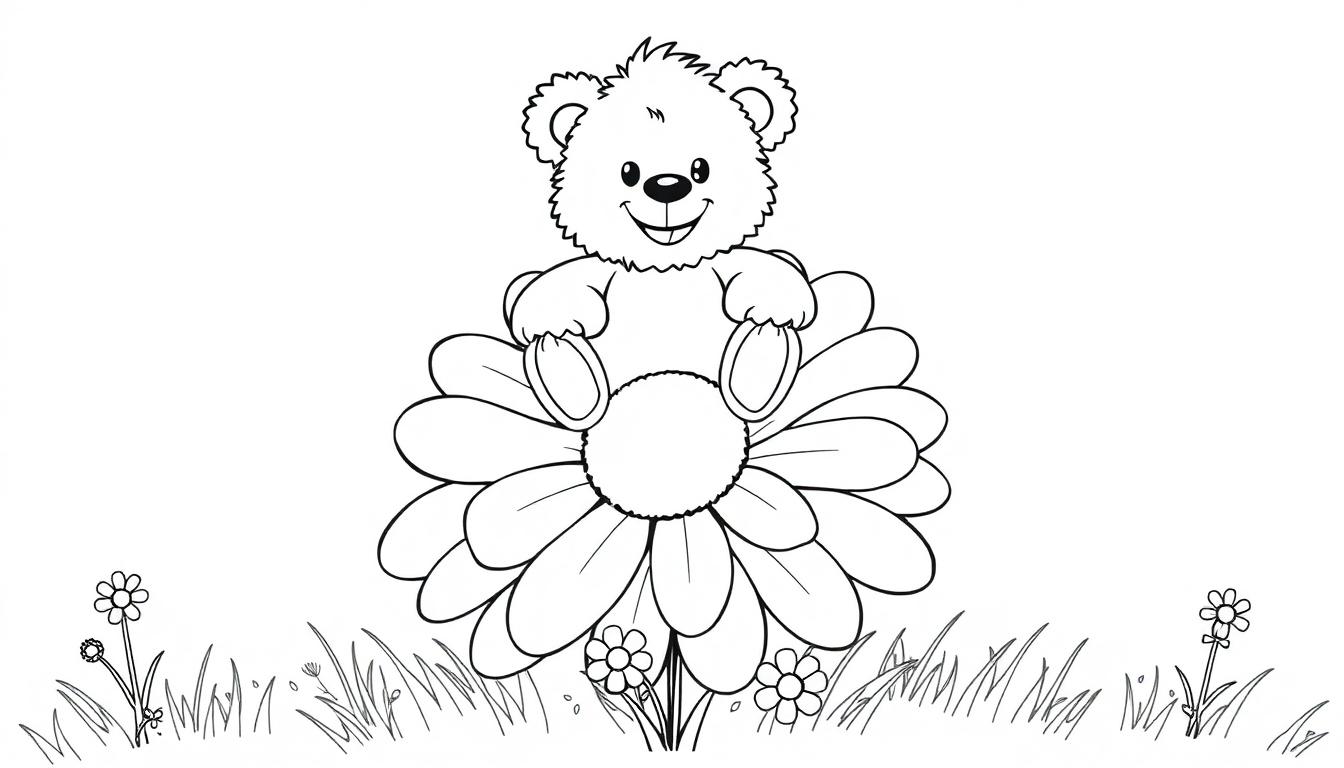 Schwarz-weiß Farbtafel eines lächelnden Teddybären auf einem Gänseblümchen.