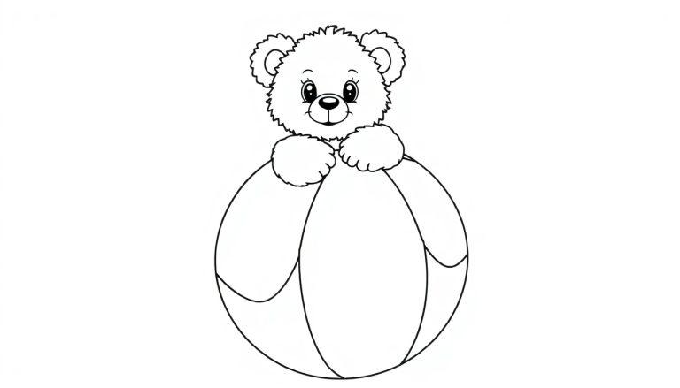 Schwarz-weiße Farbtafel: Teddybär mit Ball.