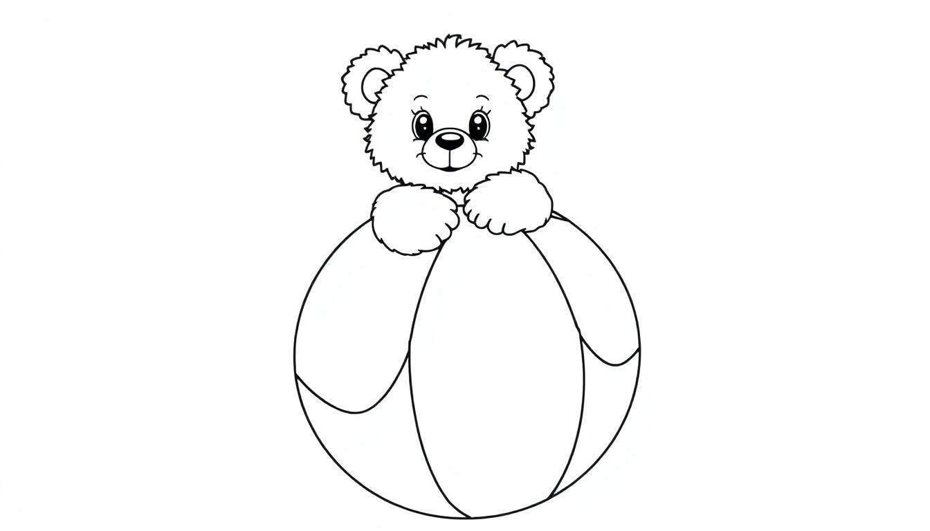 Schwarz-weiße Farbtafel: Teddybär mit Ball.