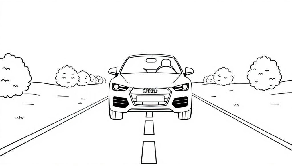 Eine Schwarz-Weiß-Farbtafel-Vorlage eines süßen kleinen Audi-Autos auf einer Straße.