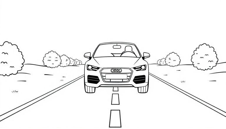 Eine Schwarz-Weiß-Farbtafel-Vorlage eines süßen kleinen Audi-Autos auf einer Straße.