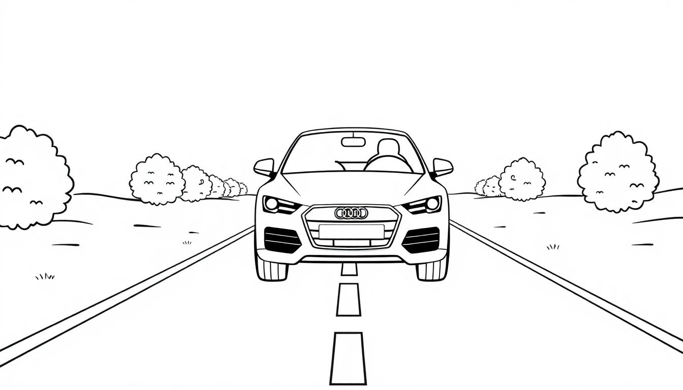 Eine Schwarz-Weiß-Farbtafel-Vorlage eines süßen kleinen Audi-Autos auf einer Straße.