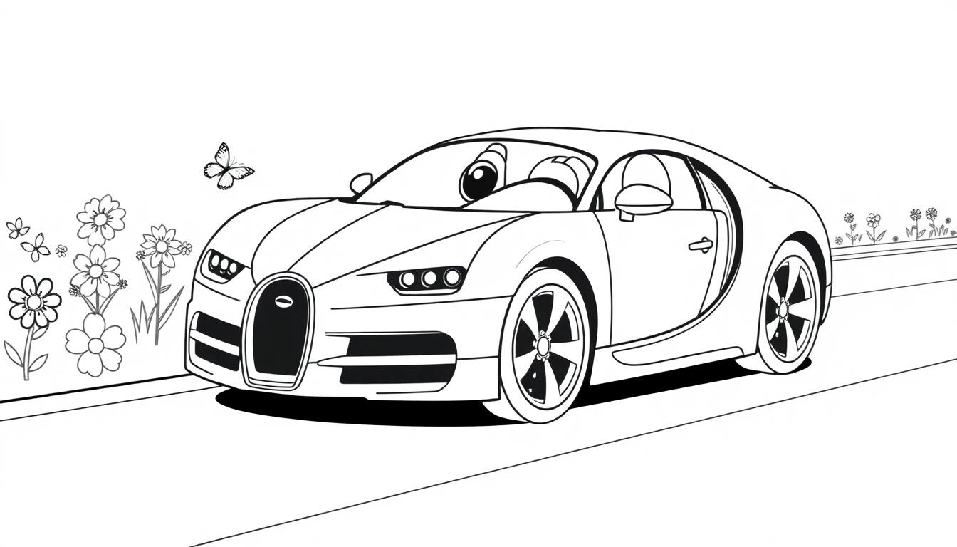 Schwarz-weiß-Zeichnung eines Cartoon-Bugattis mit großen, freundlichen Augen auf einer Straße mit Blumen und einem Schmetterling.