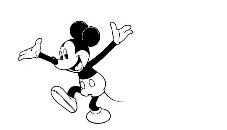 Eine fröhliche Farbtafel-Zeichnung von Micky Maus, der jubelt.