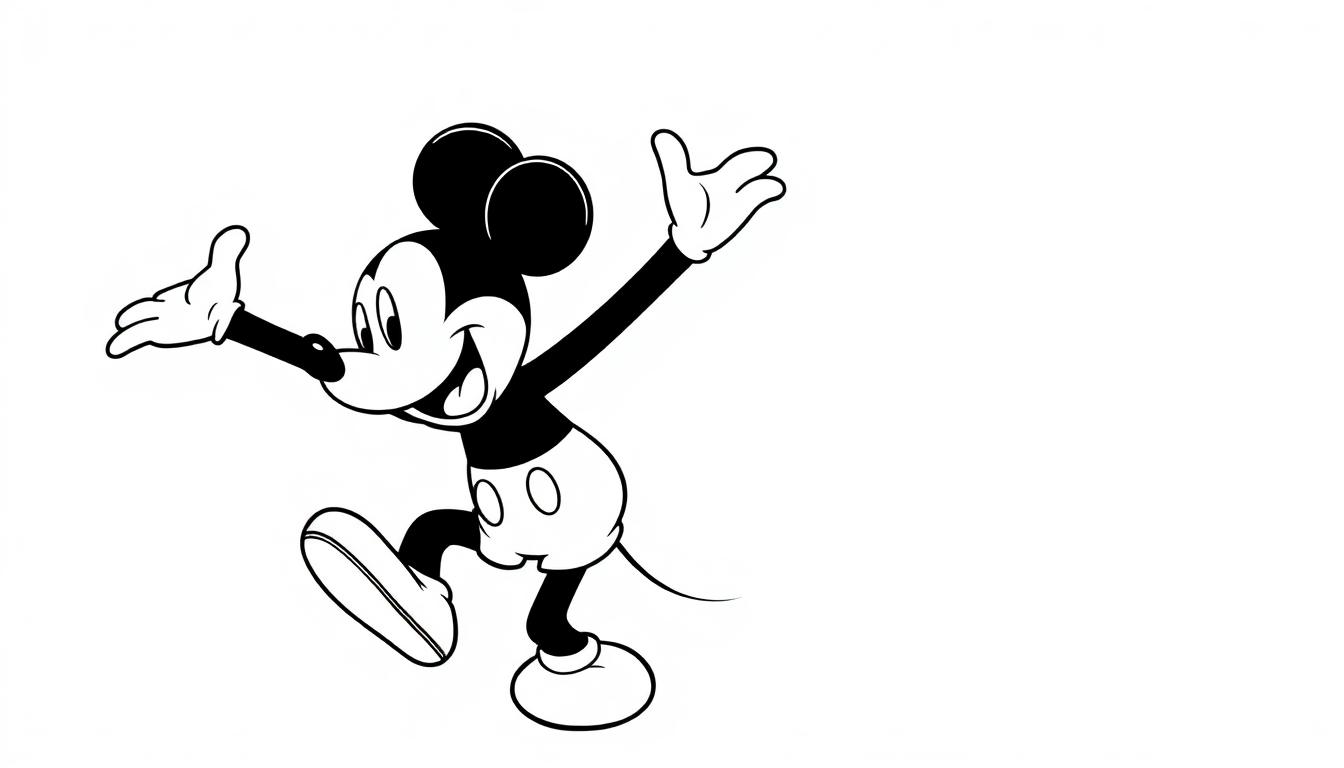Eine fröhliche Farbtafel-Zeichnung von Micky Maus, der jubelt.