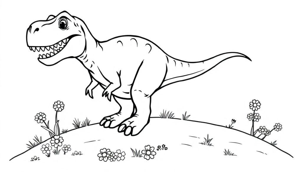 Schwarz-Weiß-Farbtafel eines Cartoon-Tyrannosaurus Rex mit einem freundlichen Gesicht, der auf einem von Gänseblümchen bedeckten Hügel steht.