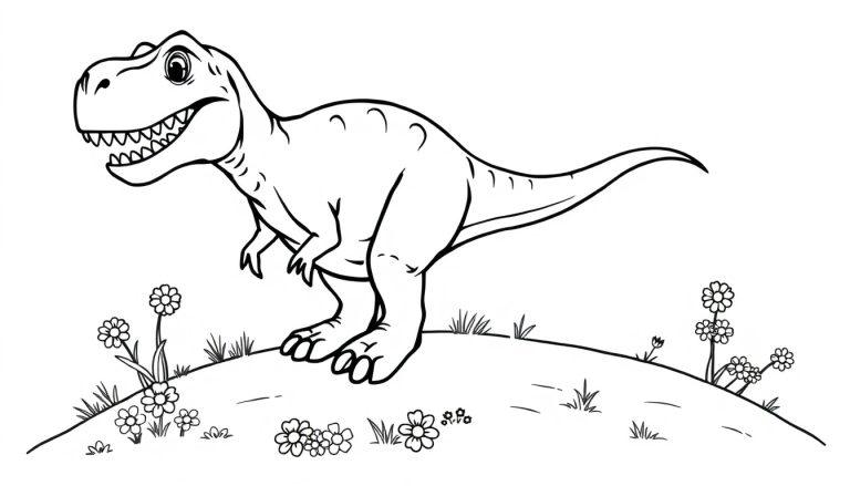 Schwarz-Weiß-Farbtafel eines Cartoon-Tyrannosaurus Rex mit einem freundlichen Gesicht, der auf einem von Gänseblümchen bedeckten Hügel steht.