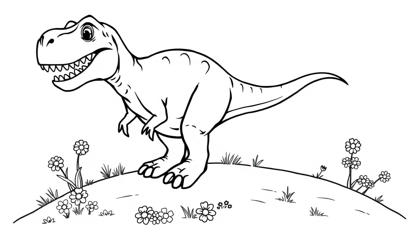 Schwarz-Weiß-Farbtafel eines Cartoon-Tyrannosaurus Rex mit einem freundlichen Gesicht, der auf einem von Gänseblümchen bedeckten Hügel steht.