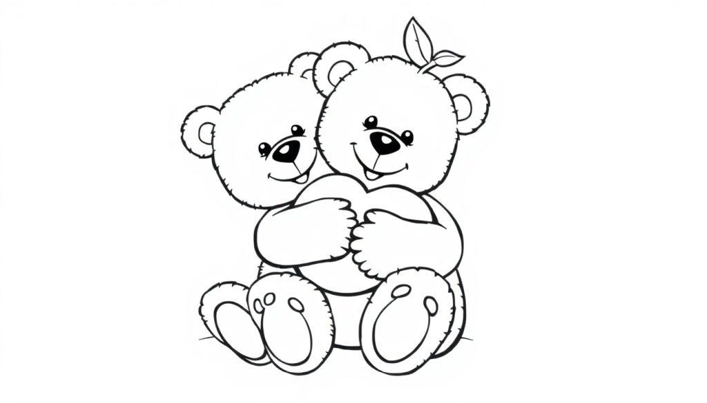 Zwei schwarz-weiße Teddybären, die sich umarmen und ein Herz halten, mit Blättern auf dem Kopf eines Bären. Eine Farbtafel zum Ausmalen.