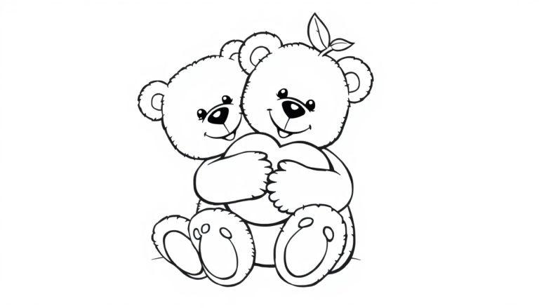 Zwei schwarz-weiße Teddybären, die sich umarmen und ein Herz halten, mit Blättern auf dem Kopf eines Bären. Eine Farbtafel zum Ausmalen.