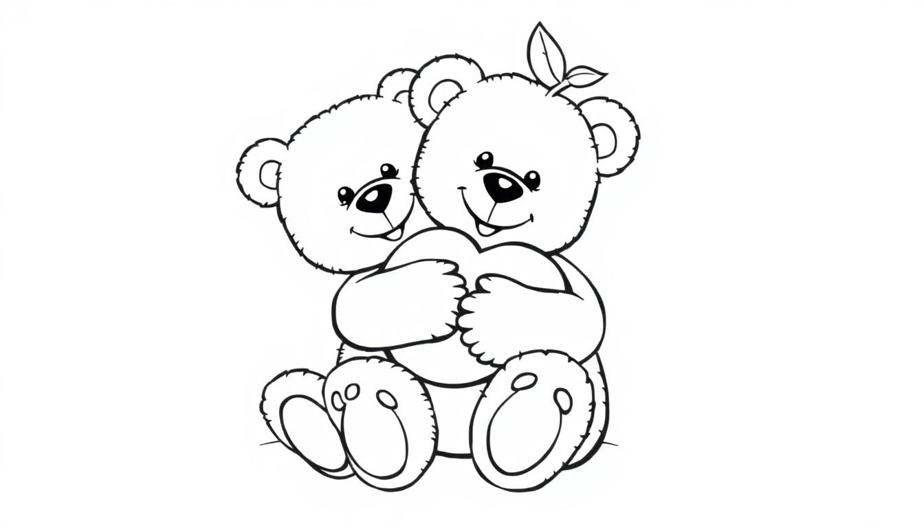 Zwei schwarz-weiße Teddybären, die sich umarmen und ein Herz halten, mit Blättern auf dem Kopf eines Bären. Eine Farbtafel zum Ausmalen.