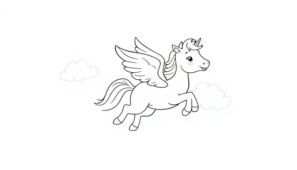 Eine schwarz-weiße Malvorlage eines niedlichen Pegasus-Fohlens mit rosa Wange und einem kleinen Horn, das durch Wolken fliegt.