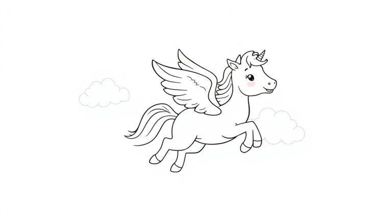 Eine schwarz-weiße Malvorlage eines niedlichen Pegasus-Fohlens mit rosa Wange und einem kleinen Horn, das durch Wolken fliegt.