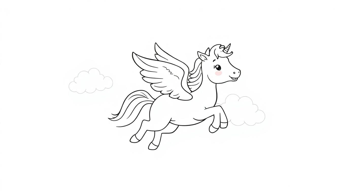 Eine schwarz-weiße Malvorlage eines niedlichen Pegasus-Fohlens mit rosa Wange und einem kleinen Horn, das durch Wolken fliegt.