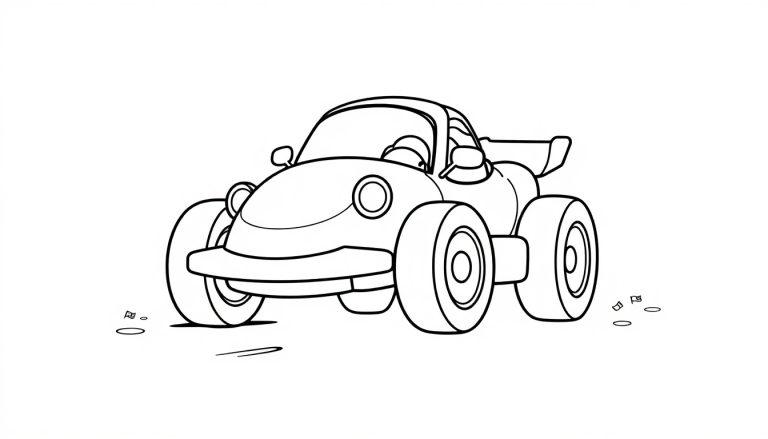 Schwarz-weiß Farbtafel-Strichzeichnung eines lustigen Cartoon-Rennwagens mit großen Rädern und einem Spoiler, bereit für ein Rennen oder Spiel.