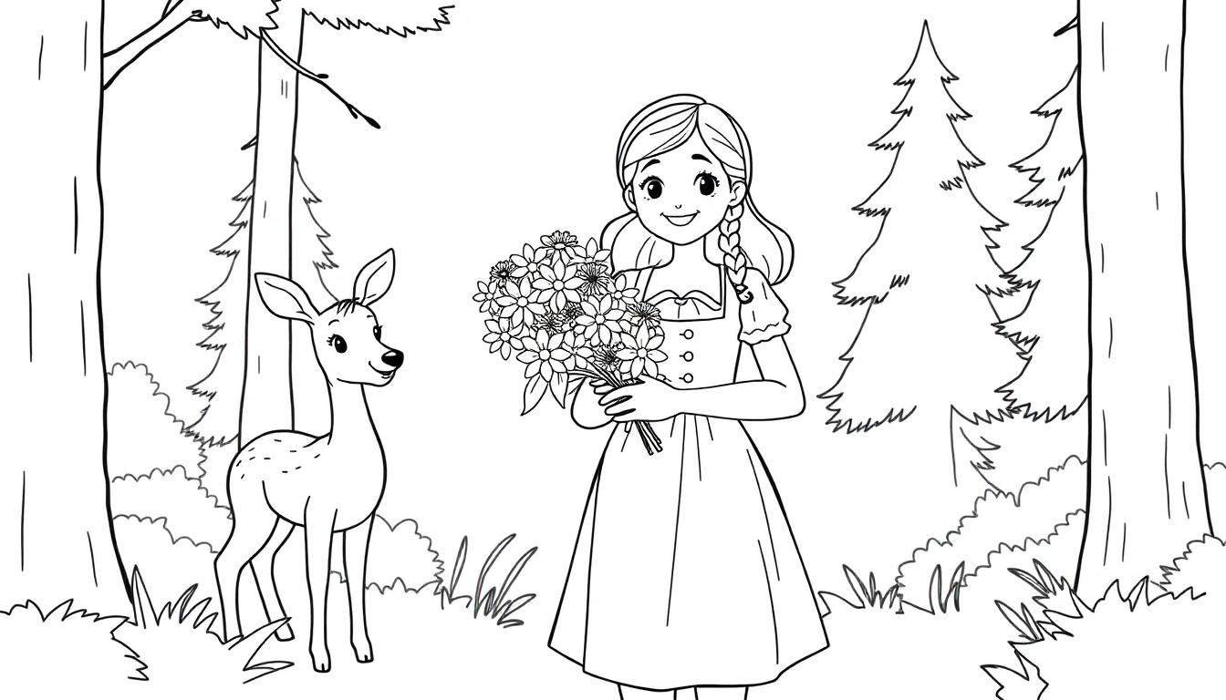 Ein junges Mädchen mit einem Blumenstrauß und ein Reh in einem Wald
