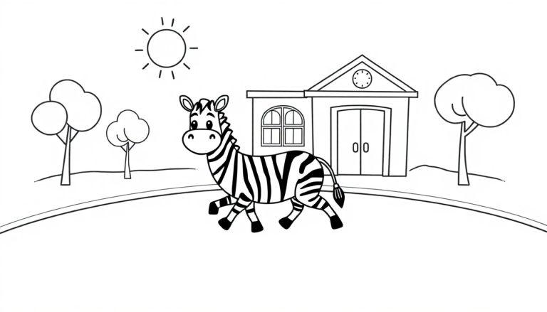 Schwarz-weiße Cartoon-Farbtafel eines Zebras, das vor einem zweistöckigen Haus mit einem Baum und der Sonne spaziert.