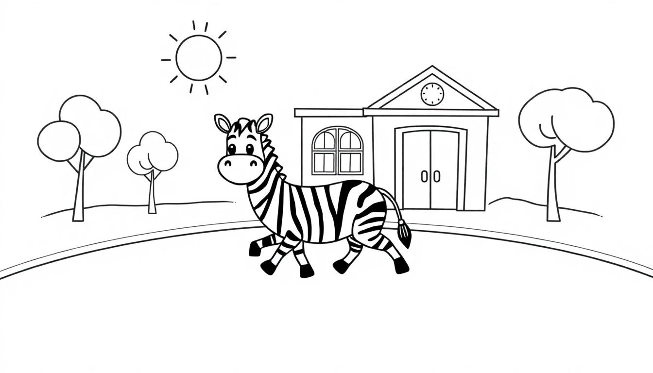 Schwarz-weiße Cartoon-Farbtafel eines Zebras, das vor einem zweistöckigen Haus mit einem Baum und der Sonne spaziert.