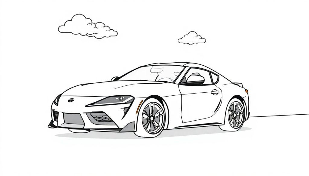 Eine schwarz-weiße Strichzeichnung eines Toyota Supra, bereit zum Ausmalen, mit Cartoon-Wolken für Kinder.