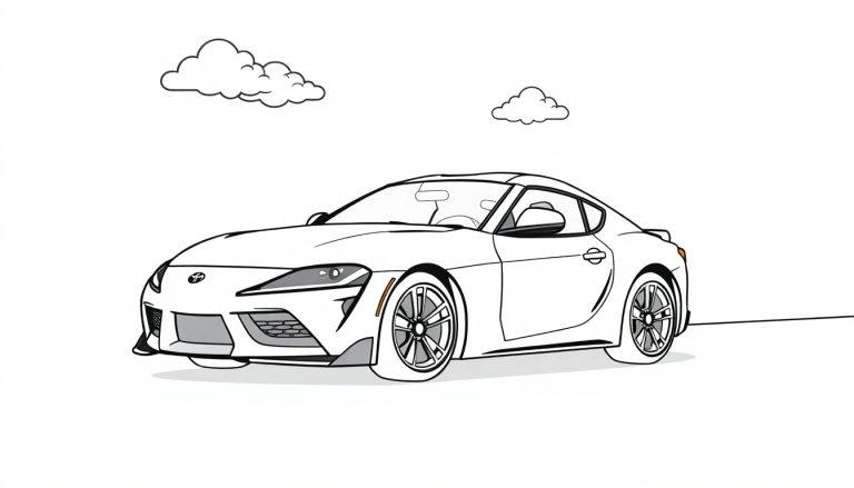Eine schwarz-weiße Strichzeichnung eines Toyota Supra, bereit zum Ausmalen, mit Cartoon-Wolken für Kinder.