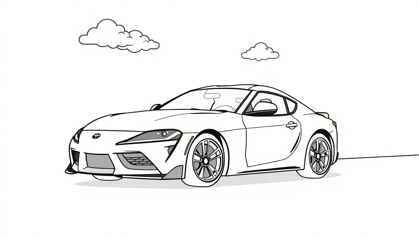 Eine schwarz-weiße Strichzeichnung eines Toyota Supra, bereit zum Ausmalen, mit Cartoon-Wolken für Kinder.