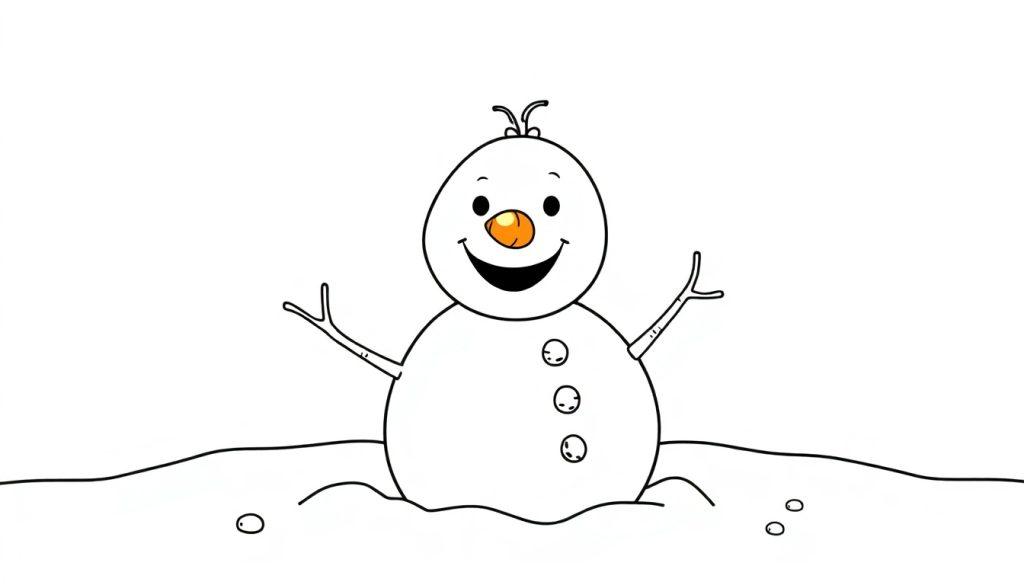 Schwarz-Weiß-Farbtafel eines niedlichen Schneemann-Kindes, das im Schnee spielt, mit Karottennase und lächelndem Gesicht.