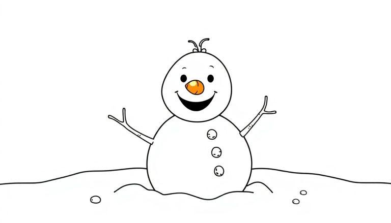 Schwarz-Weiß-Farbtafel eines niedlichen Schneemann-Kindes, das im Schnee spielt, mit Karottennase und lächelndem Gesicht.
