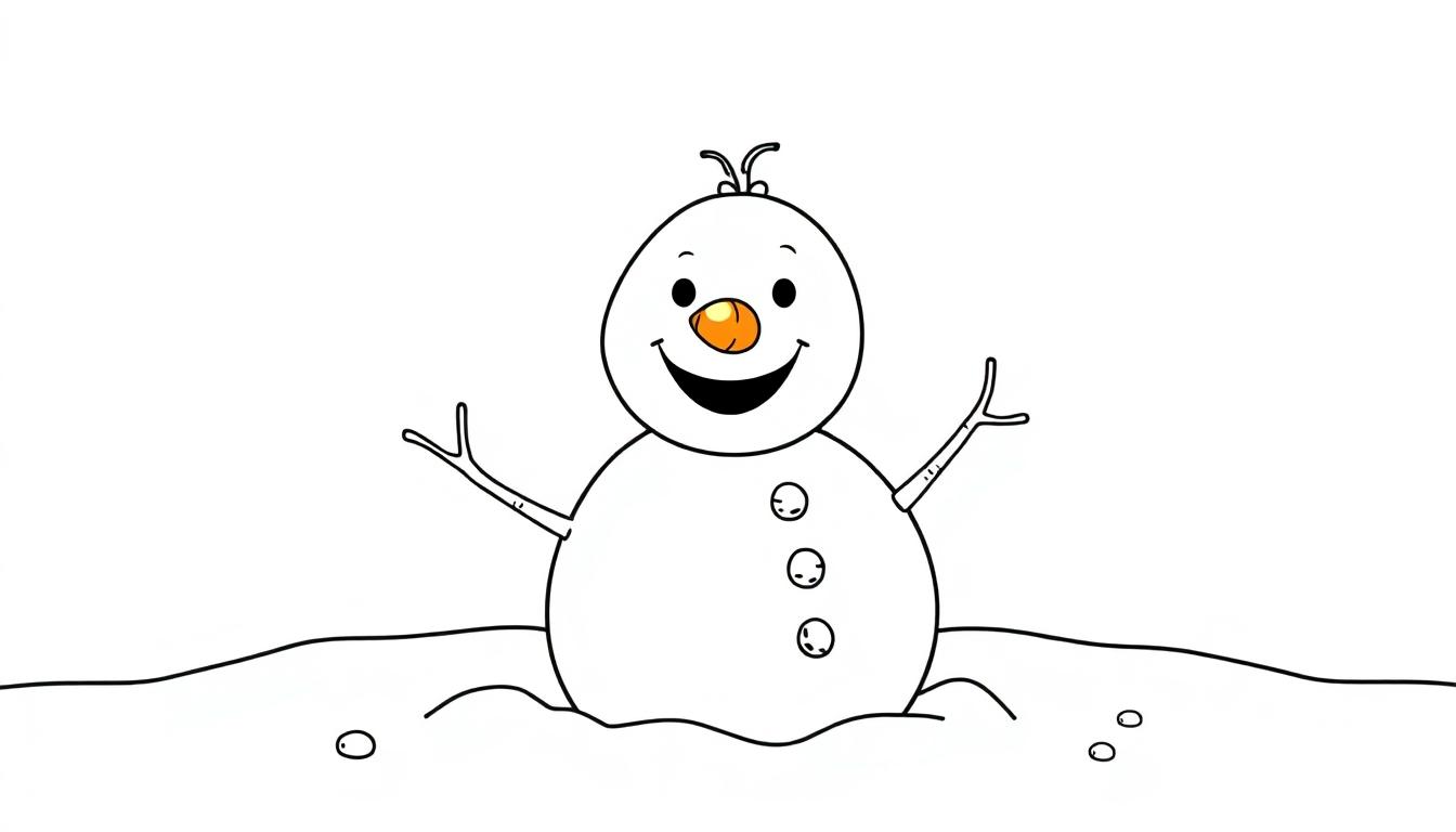 Schwarz-Weiß-Farbtafel eines niedlichen Schneemann-Kindes, das im Schnee spielt, mit Karottennase und lächelndem Gesicht.
