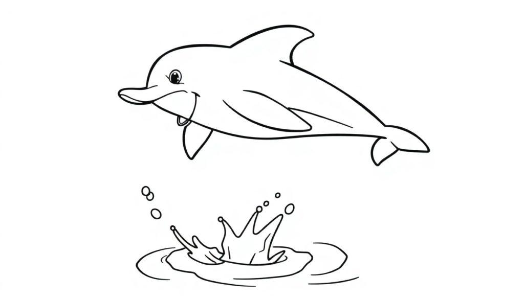 Eine Schwarz-Weiß-Farbtafel eines lächelnden Delfins, der über dem Wasser schwebt, mit einer kleinen Fontäne darunter.