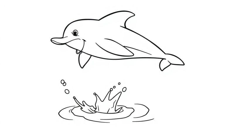 Eine Schwarz-Weiß-Farbtafel eines lächelnden Delfins, der über dem Wasser schwebt, mit einer kleinen Fontäne darunter.