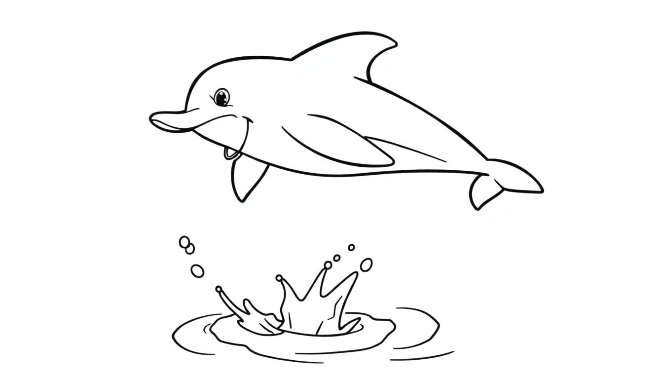 Eine Schwarz-Weiß-Farbtafel eines lächelnden Delfins, der über dem Wasser schwebt, mit einer kleinen Fontäne darunter.